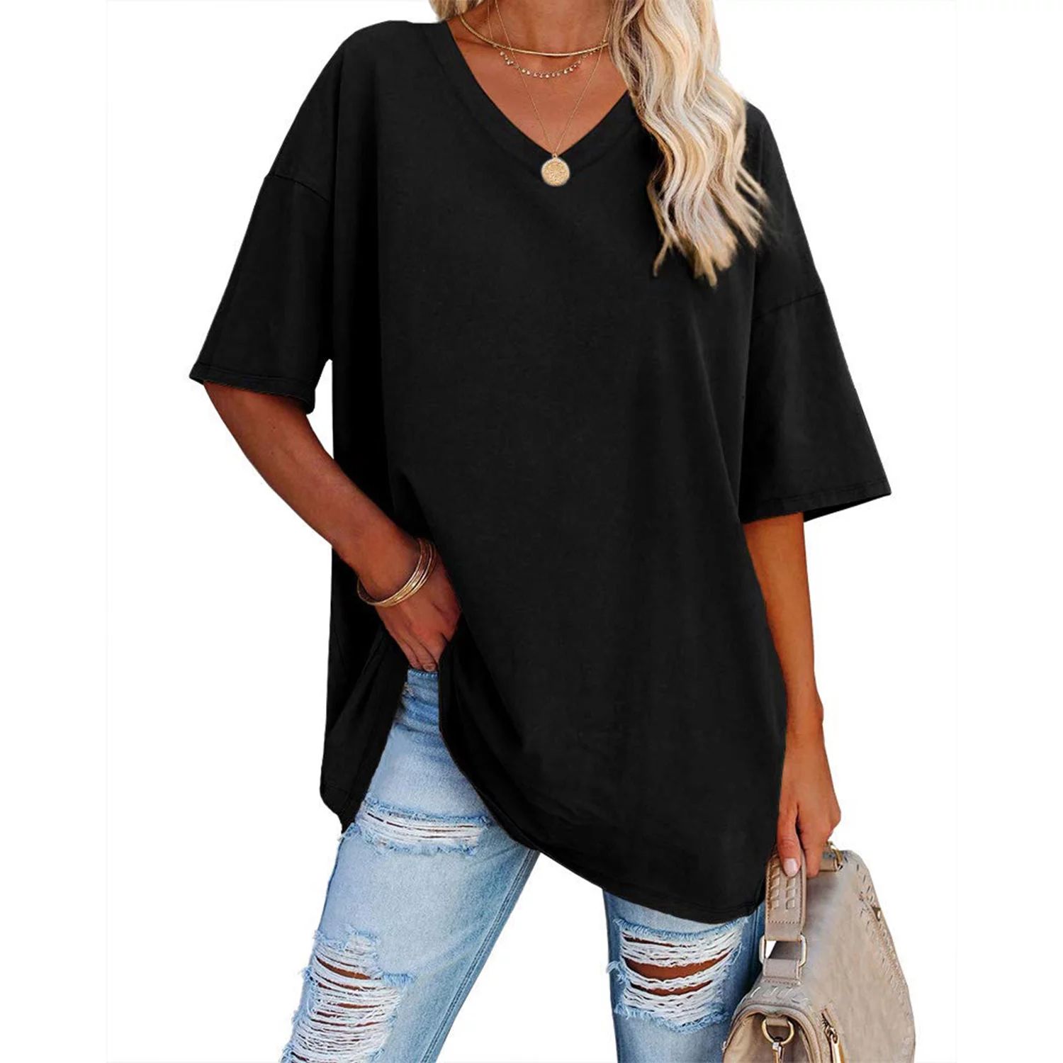 Ptaesos Women Oversized T Shirts Short Sleeve V Neck Loose Solid Color Tees Cotton Tunic Tops - W... | Walmart (US)