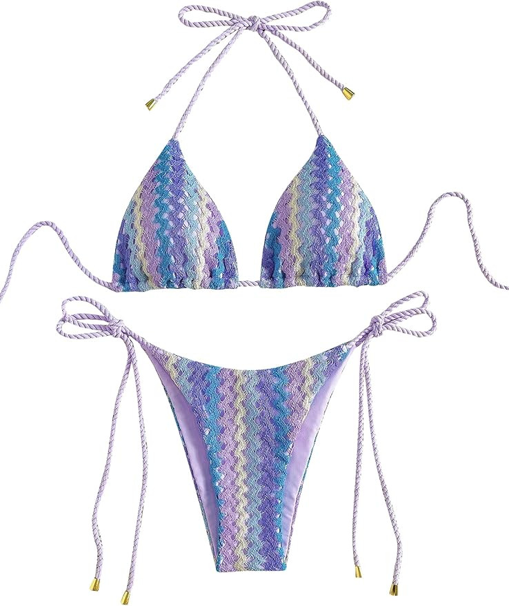 ZAFUL 2 Piece Triangle Bikini for Women Knitted Rope Halter Bikini Sets Sexy Bathing Suit Side Ti... | Amazon (US)