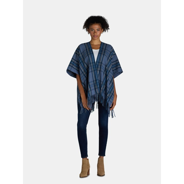 Time and Tru Women's Plaid Fashion Ruana, One Size, Blue | Walmart (US)