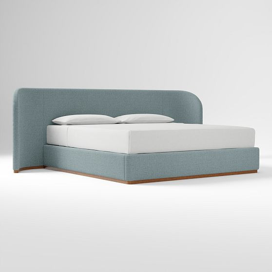 Julianne Bed With Headboard + 2 Wings, Performance Chenille Crossweave Dusty Blue, Cool Walnut, | West Elm (US)