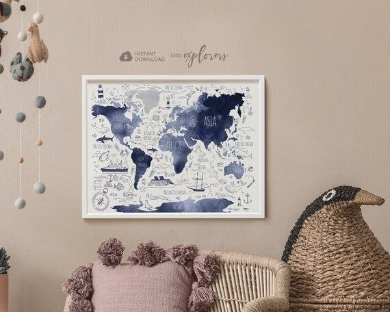 Navy blue map for kids, Nautical nursery art, Printable world map, Boys room wall art, Nautical b... | Etsy (US)