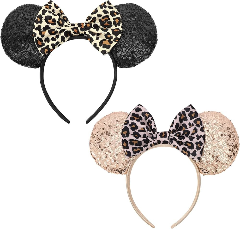Leopard Mouse Ears Headbands, 2 PCS Leopard Cheetah Mouse Ears Glitter Leopard Print Headbands fo... | Amazon (US)