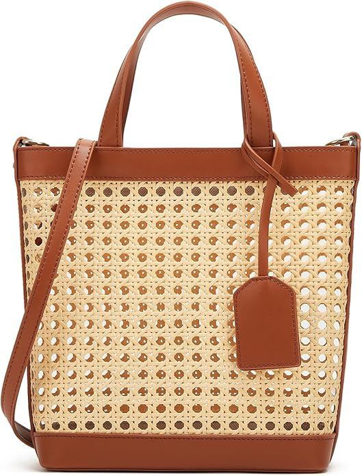 Rattan Tote Bag for Women Straw Beach Bag Crossbody Purse PU Leather Summer Shoulder Bag Cute Hob... | Amazon (US)