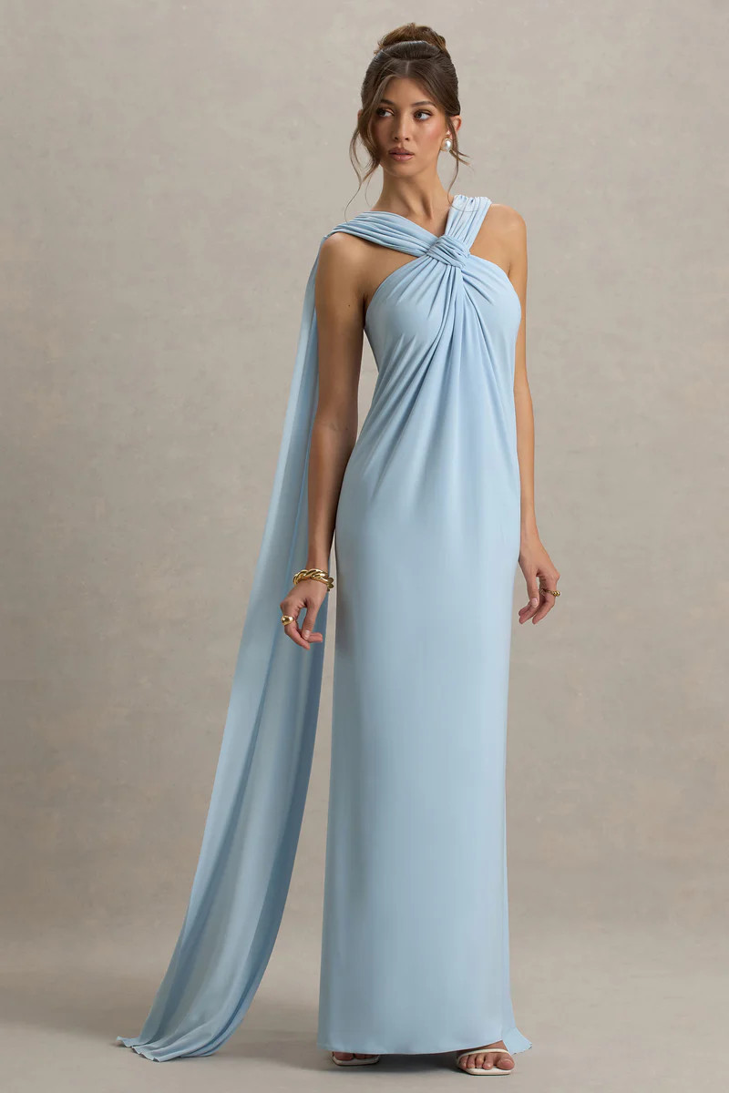 Ariana | Powder Blue Cross-Neck Maxi Dress With Cape | Club L London
