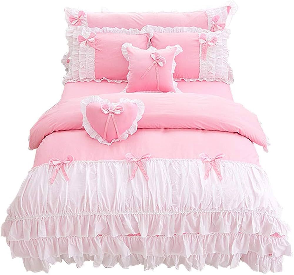 Lotus Karen Shaggy Chic Ruffle 3-Piece Duvet Cover Set- Soft Cotton Girls Bedding with Cute Bow-K... | Amazon (US)