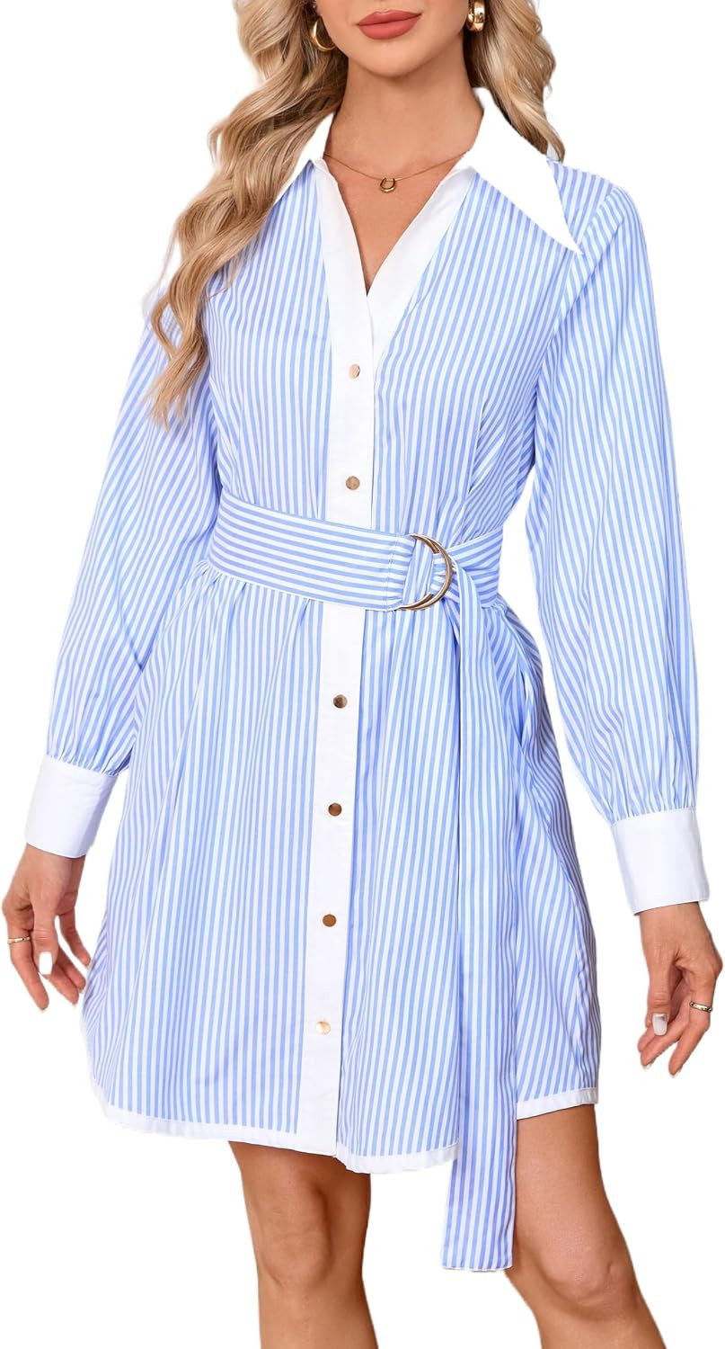 Womens Striped Long Sleeve Button Down Mini Shirt Dress V Neck Belted Dress | Amazon (US)