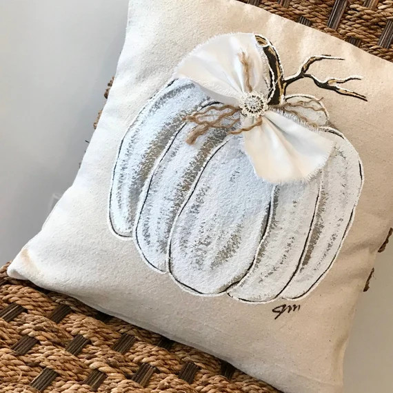 White Pumpkin Farmhouse Fall Pillow Hand-painted Burlap - Etsy | Etsy (US)