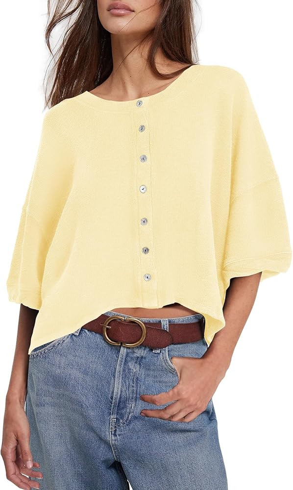 Yanekop Womens Cropped Cardigan Short Sleeve Button Up Cardigan Lightweight Cardigans Oversized B... | Amazon (US)