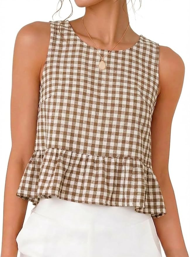 IDEALSANXUN Womens Gingham Tank Tops Spring Summer Crop Cute Ruffle Vest Sleeveless Shirts Blouse... | Amazon (US)
