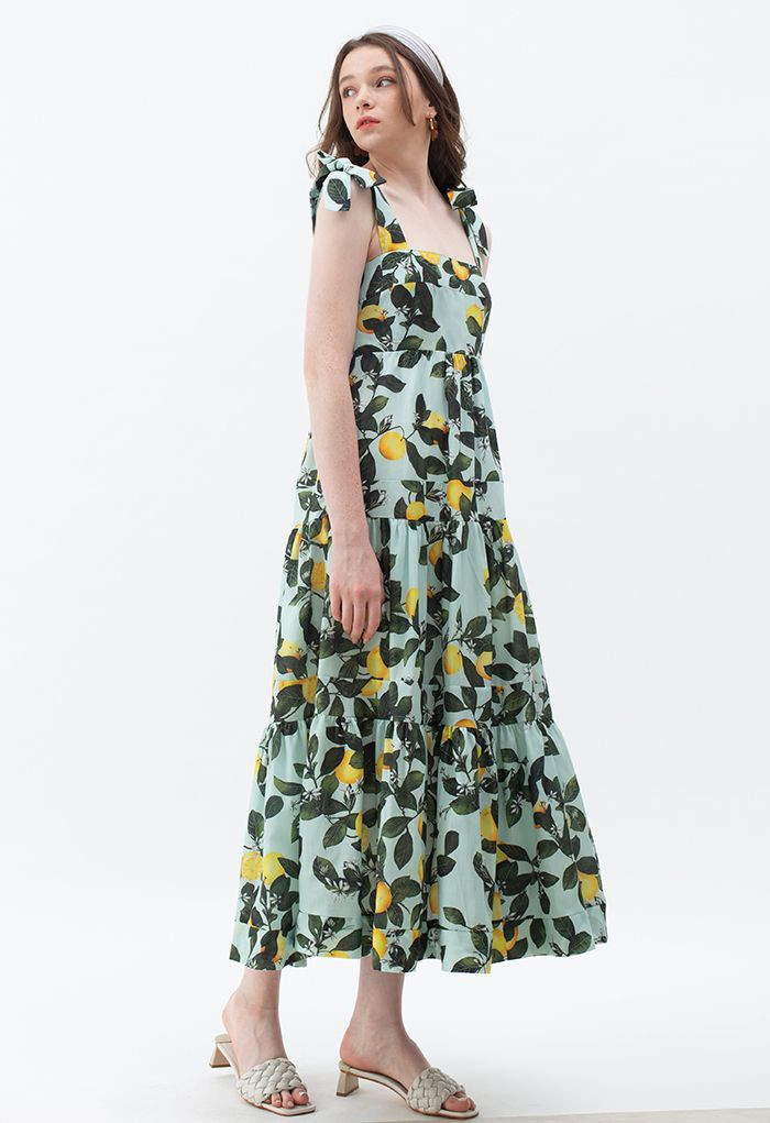 Minty Lemon Printed Tie-Strap Maxi Dress | Chicwish