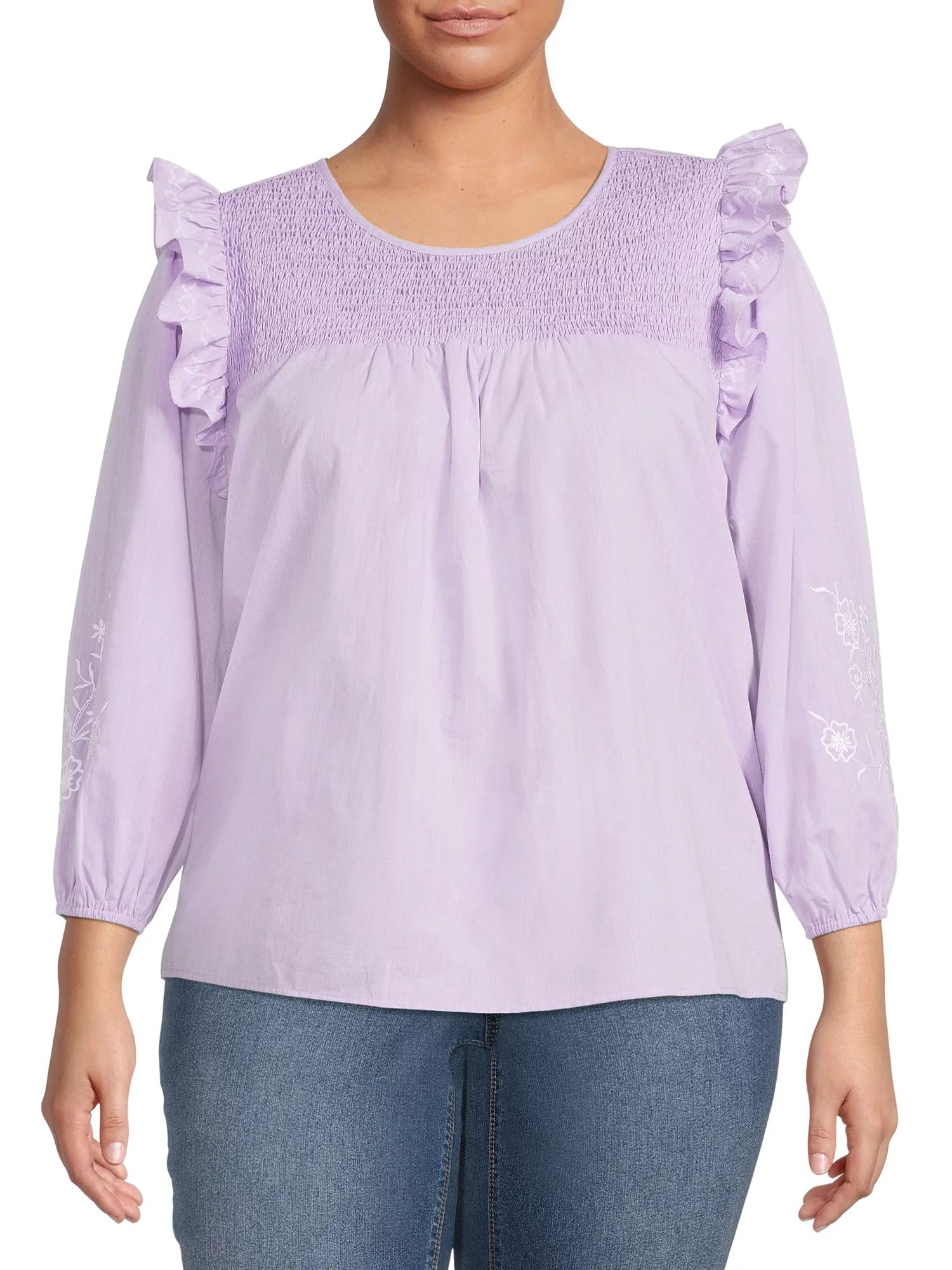 Terra & Sky Women's Plus Size Smocked Yoke Top with Ruffle Sleeves | Walmart (US)