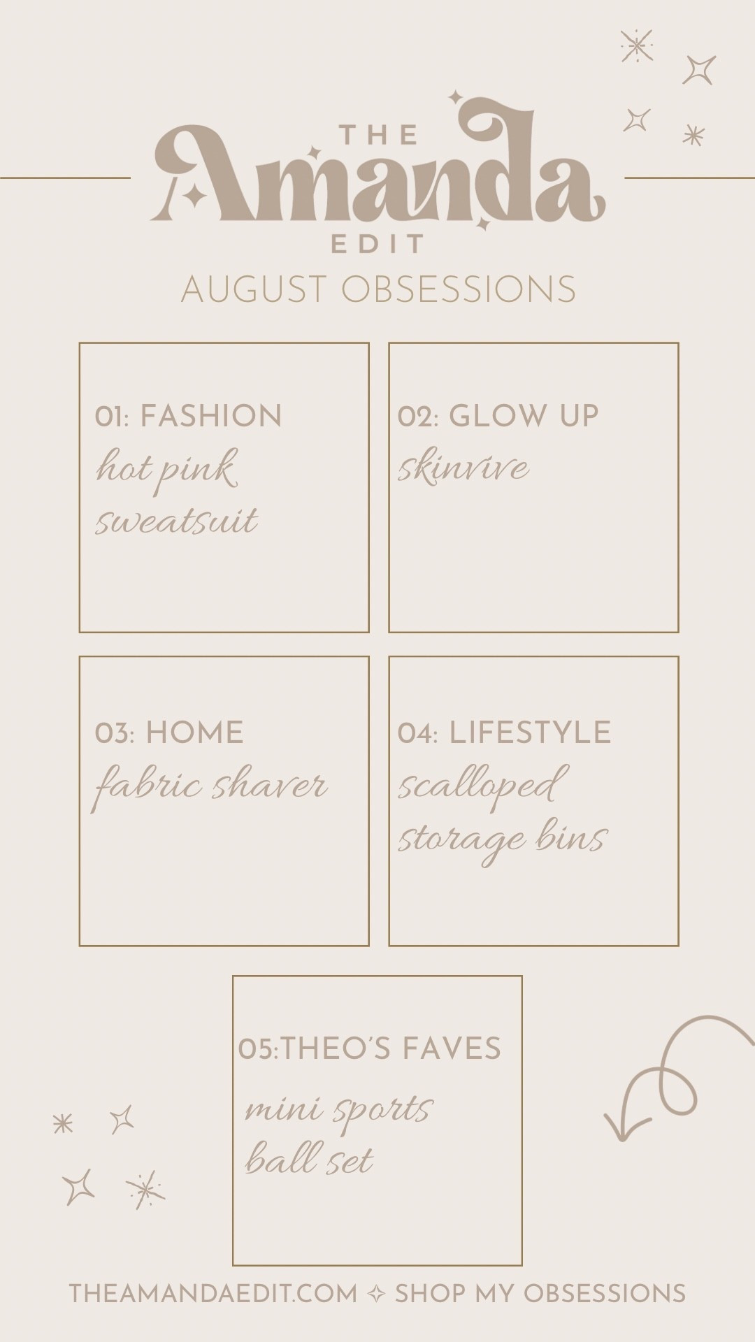 The Amanda Edit: August Obsessions
Wrapping up the month with the little things I’ve been living for:
	•	Hot pink sweatsuit (cozy but fun)
	•	Skinvive (glow-up era unlocked, not linkable, just an obsession)
	•	Fabric shaver (fresh knits and throws = instant refresh)
	•	Scalloped toy storage baskets (Theo’s chaos, but make it chic)
	•	Mini sports ball set (Theo’s current favorite and future MVP moment)

Everything is linked here to shop my edit.

#LTKHome #LTKFamily #LTKFindsUnder50