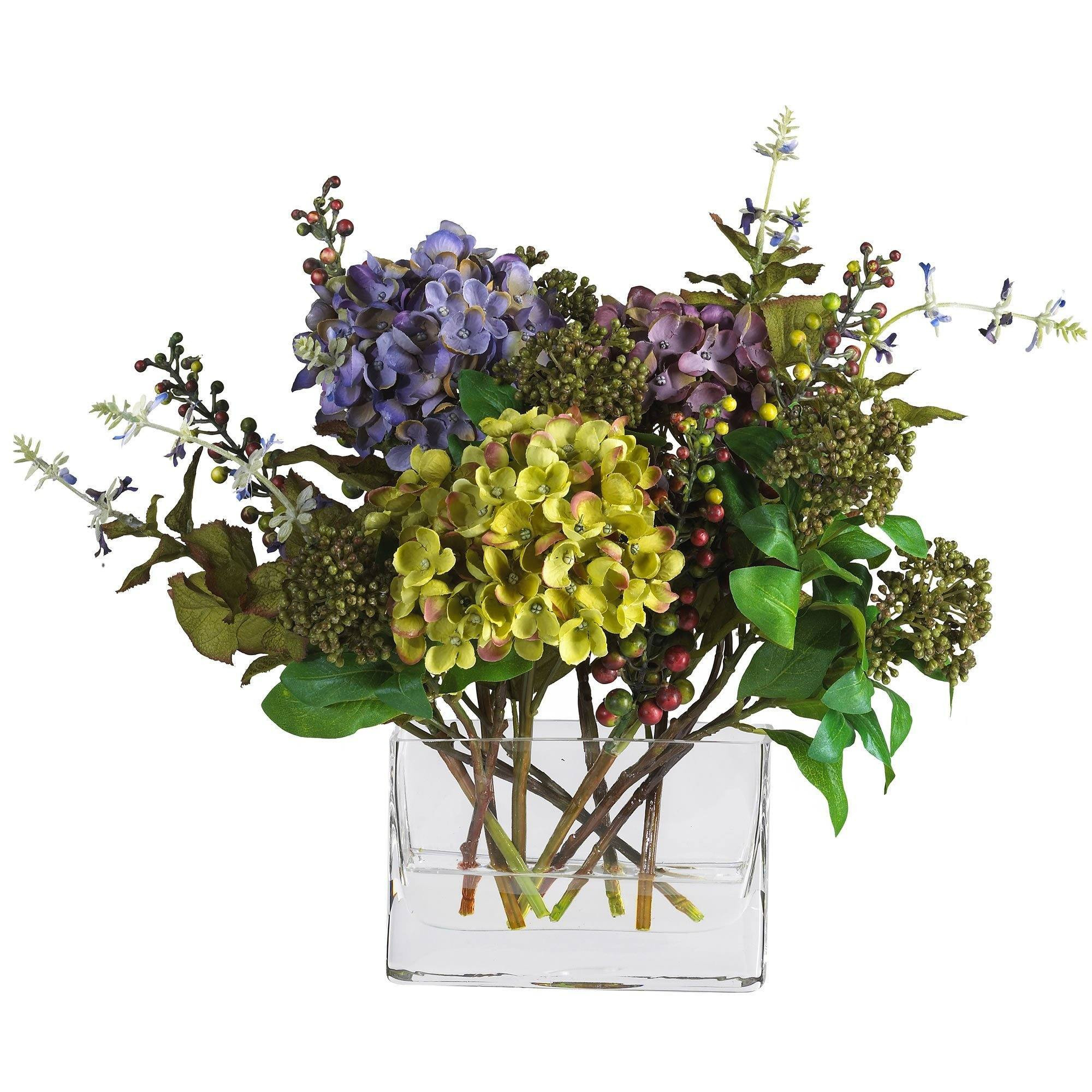 Mixed Hydrangea w/Rectangle Vase Silk Flower Arrangement | Nearly Natural | Nearly Natural