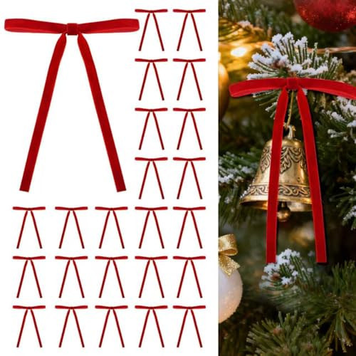 HEAEUNK 24 Pcs Red Velvet Bows for Christmas Tree, Red Christmas Ornaments Velvet Bows for Indoor Outdoor Vintage Christmas Decoration Holiday Decor(5"x7", 3/8" Wide) | Amazon (US)