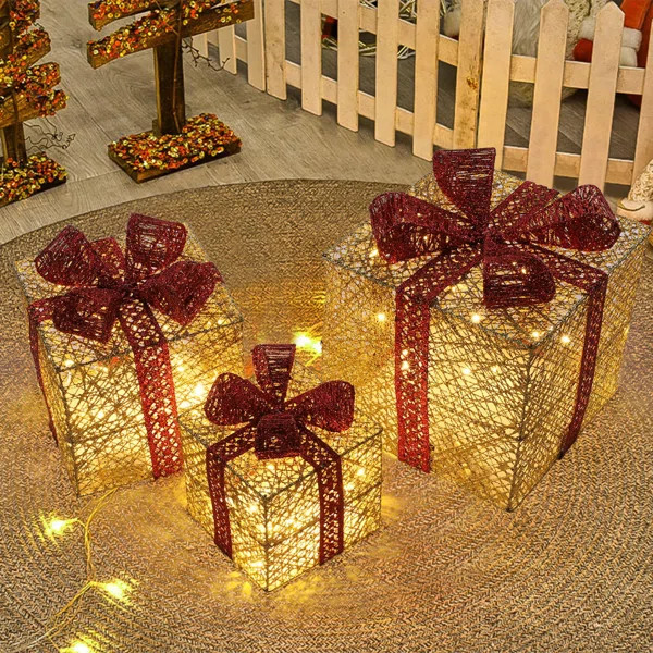 Christmas Set Of 3 Lighted Gift Boxes Decorations, Pre-Lit 100 LED Light Up Christmas Tree Skirt ... | Wayfair North America