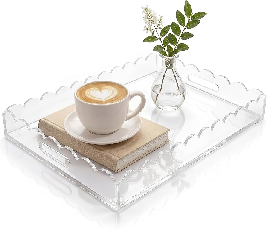 Clear Acrylic Serving Tray with Handles, 15 x 10 Inch Scalloped Decorative Tray for Coffee Table ... | Amazon (US)