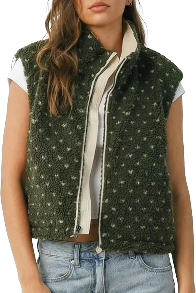 Slouchy Fleece Jacket Women Sleeveless High Neck Full Zipper Polka Dot Sherpa Vest Fuzzy Waistcoa... | Amazon (US)