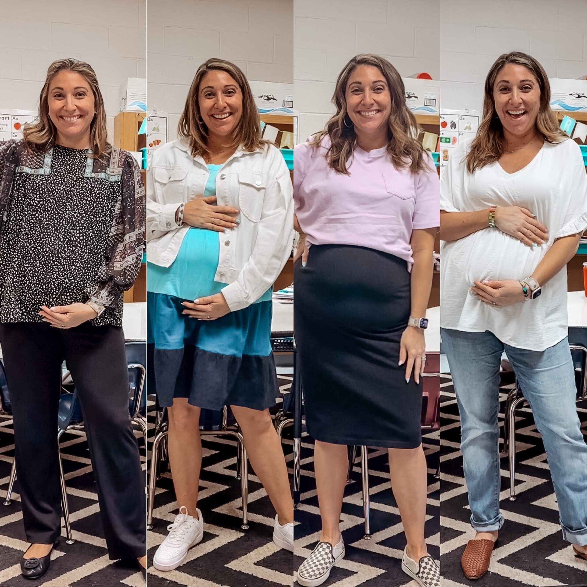 Teacher outfits of the week! Sizing from left to right 
Top L / pants (maternity L) / dress L / jacket M / top L / skirt (maternity L) / top XL / jeans (maternity 16) 

#LTKbump #LTKworkwear #LTKstyletip