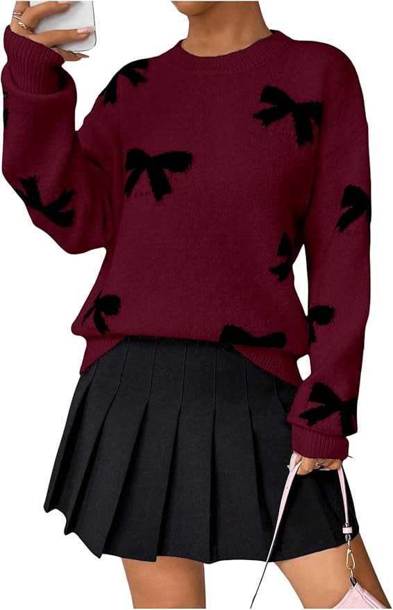Bow Sweater Women Long Sleeve Crewneck Cute Sweaters Casual Vintage Sweater with Bow Winter Overs... | Amazon (US)