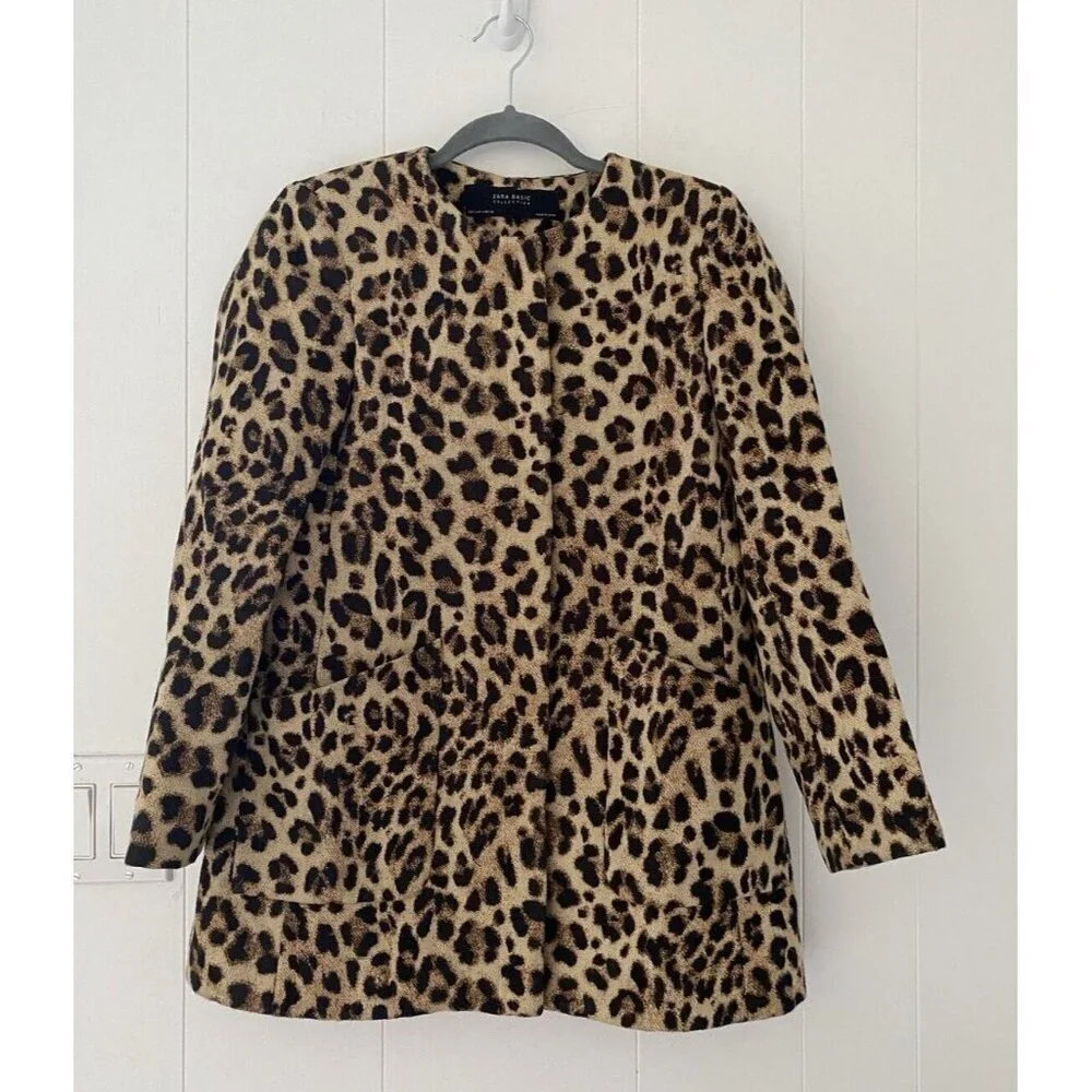 Zara Jacket Womens Small Brown Animal Leopard Print Collarless Coat | Poshmark
