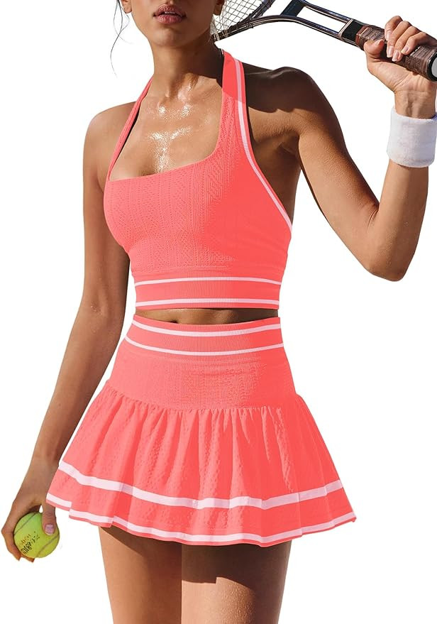 ReachMe Womens Two Piece Workout Sets Tennis Skirt Sets 2 Piece Golf Outfits Matching Halter Top ... | Amazon (US)