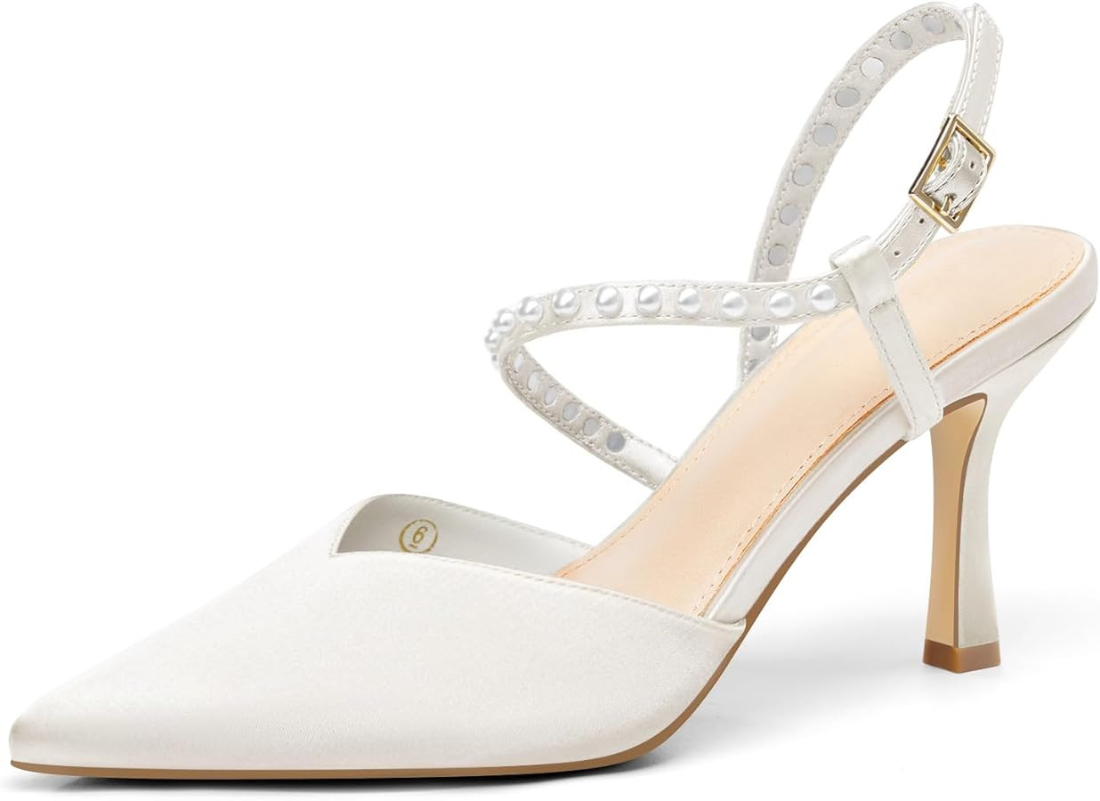 Coutgo Womens Pearl High Heels Closed Pointed Toe Wedding Bride Dress Shoes Ankle Strap Satin Pum... | Amazon (US)