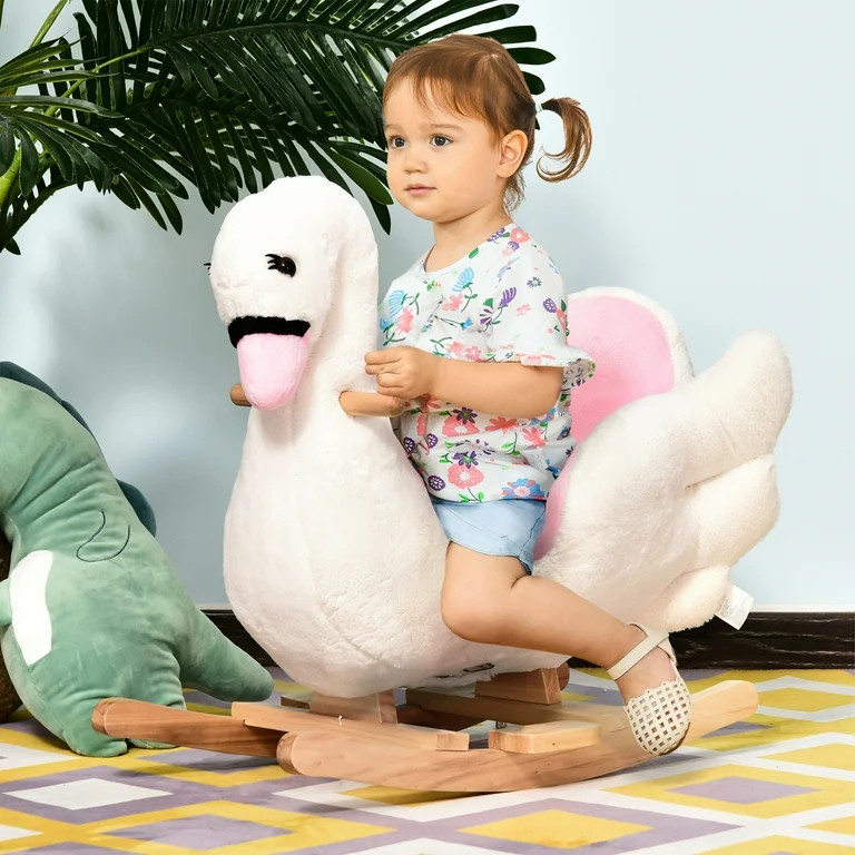 Qaba Kids Ride On Rocking Horse Plush Swan Style Toy with Music for Over 18 Months Children, Whit... | Walmart (US)