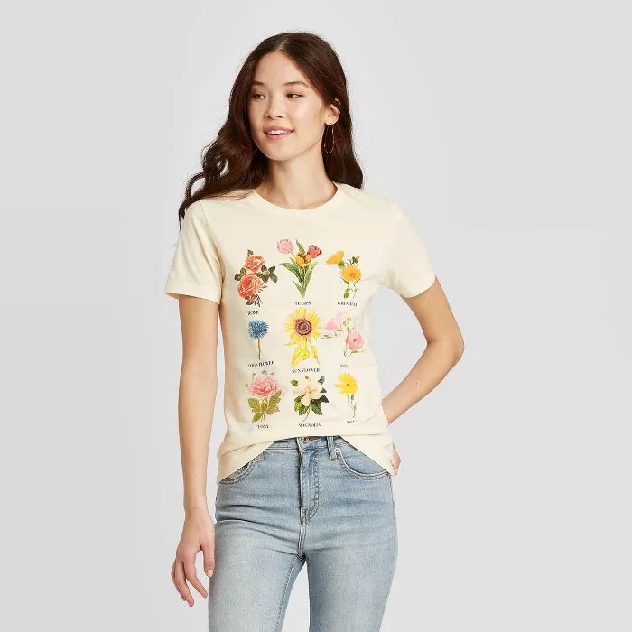Women&#39;s Botanical Flowers Short Sleeve Graphic T-Shirt - Fifth Sun (Juniors&#39;) - Beige XL | Target