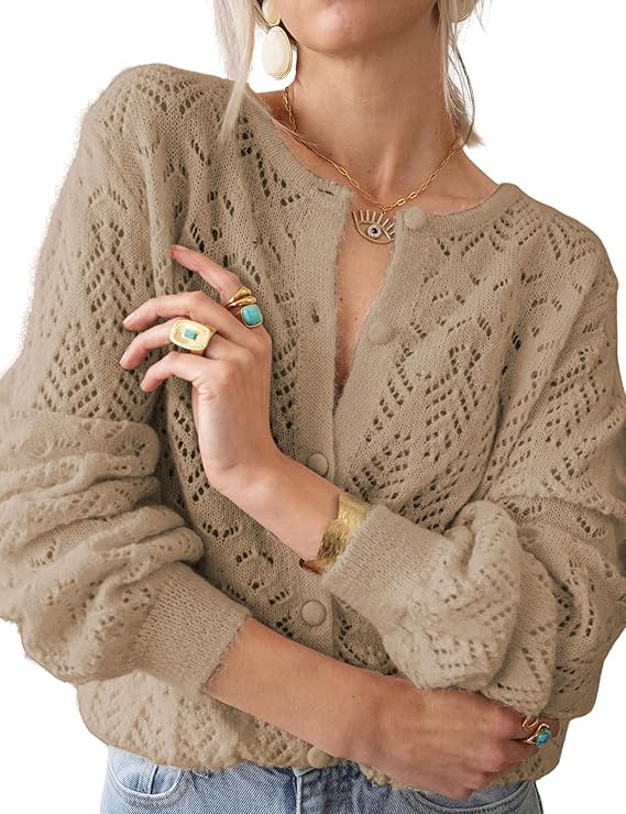 Womens Lightweight Crochet Cardigan Long Sleeve Fancy Openwork Knit Sweater Reversible Jumper | Amazon (US)