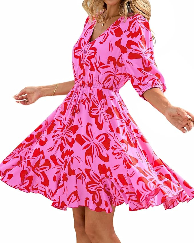 BTFBM Women Summer Spring Floral Boho Dress 2026 V Neck Short Sleeve Ruffle Beach Vacation Clothe... | Amazon (US)