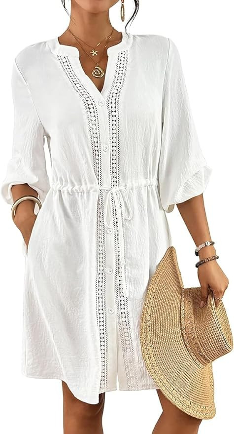 Bsubseach Swimsuit Coverup for Women V Neck Bathing Suit Cover Up with Pocket Drawstring Button D... | Amazon (US)