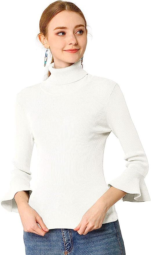 Allegra K Women's 3/4 Sleeve Turtleneck Sweaters Slim Fit Knitted Pullover Sweater Tops | Amazon (US)