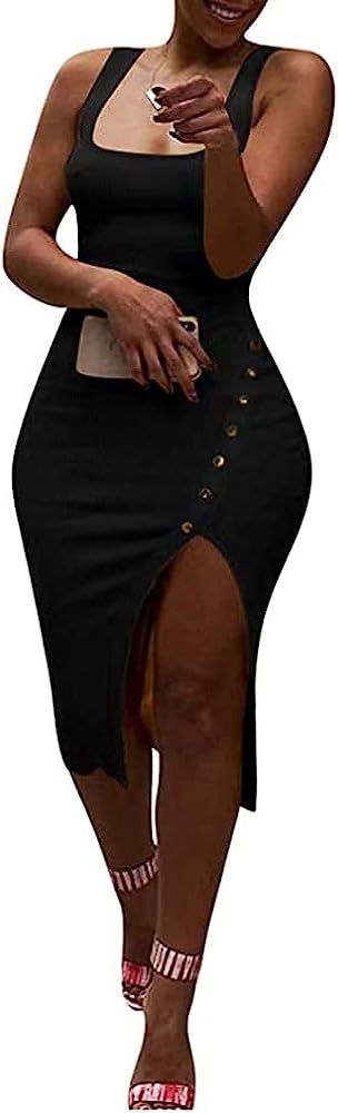 Remelon Womens Sexy Sleeveless Tank Ribbed Slim Fit Bodycon Buttons Side Split Long Pencil Midi D... | Amazon (US)