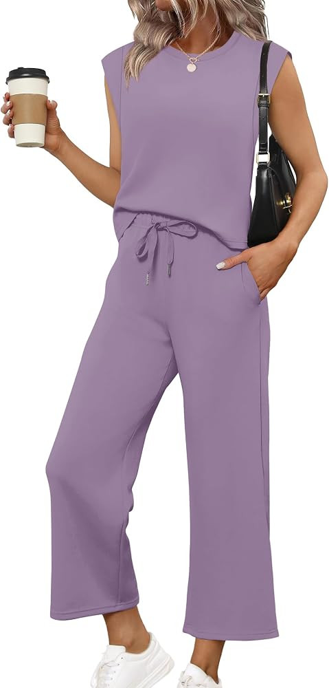 SAMPEEL Two Piece Sets for Women Casual Travel Vacation Outfits Summer Wide Leg Crop Pants Lounge... | Amazon (US)