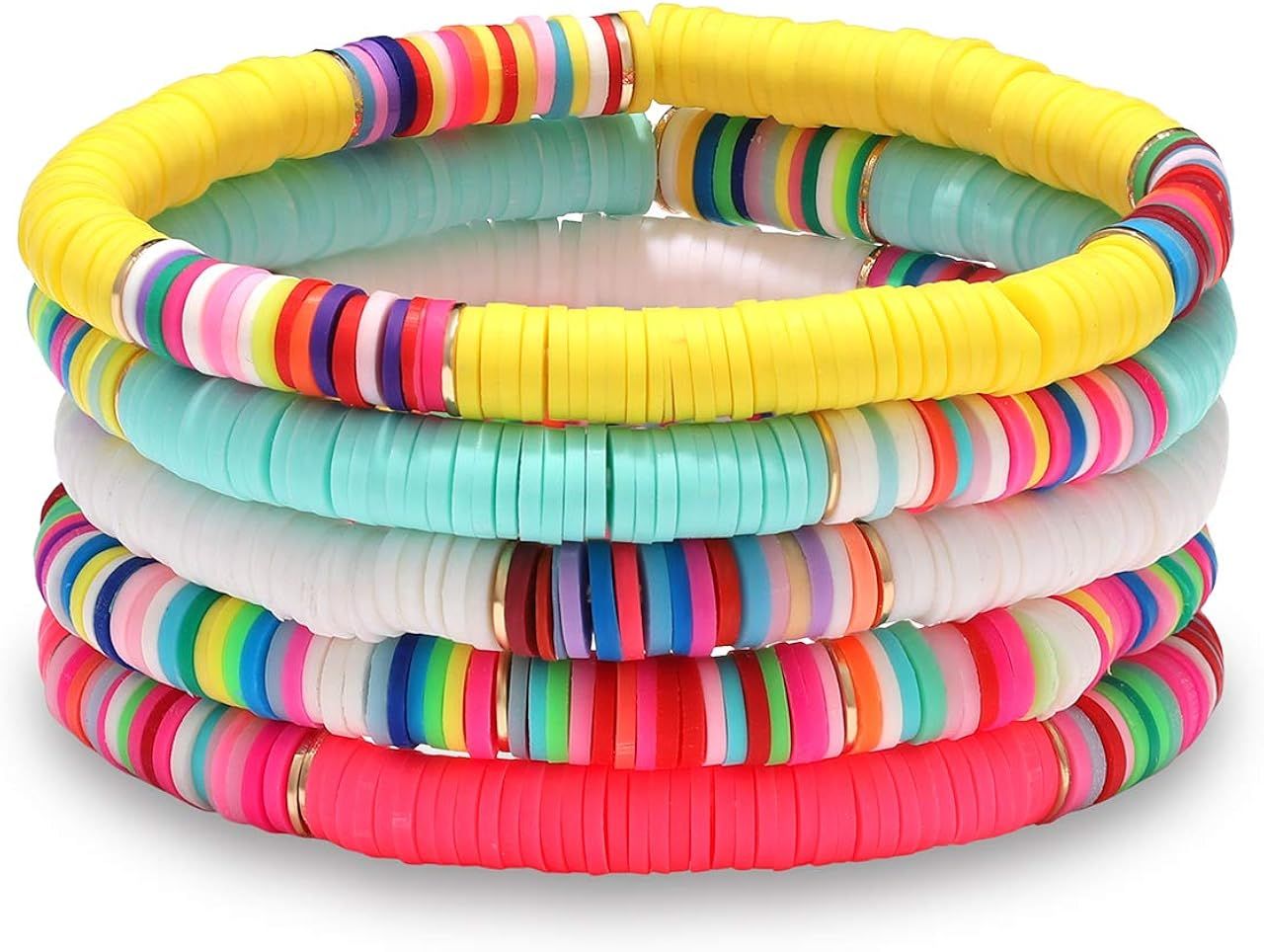 Boderier Heishi Bracelet Set Stack Rainbow Vinyl Disc Bead Surfer Stretch Bracelet Summer Beach B... | Amazon (US)