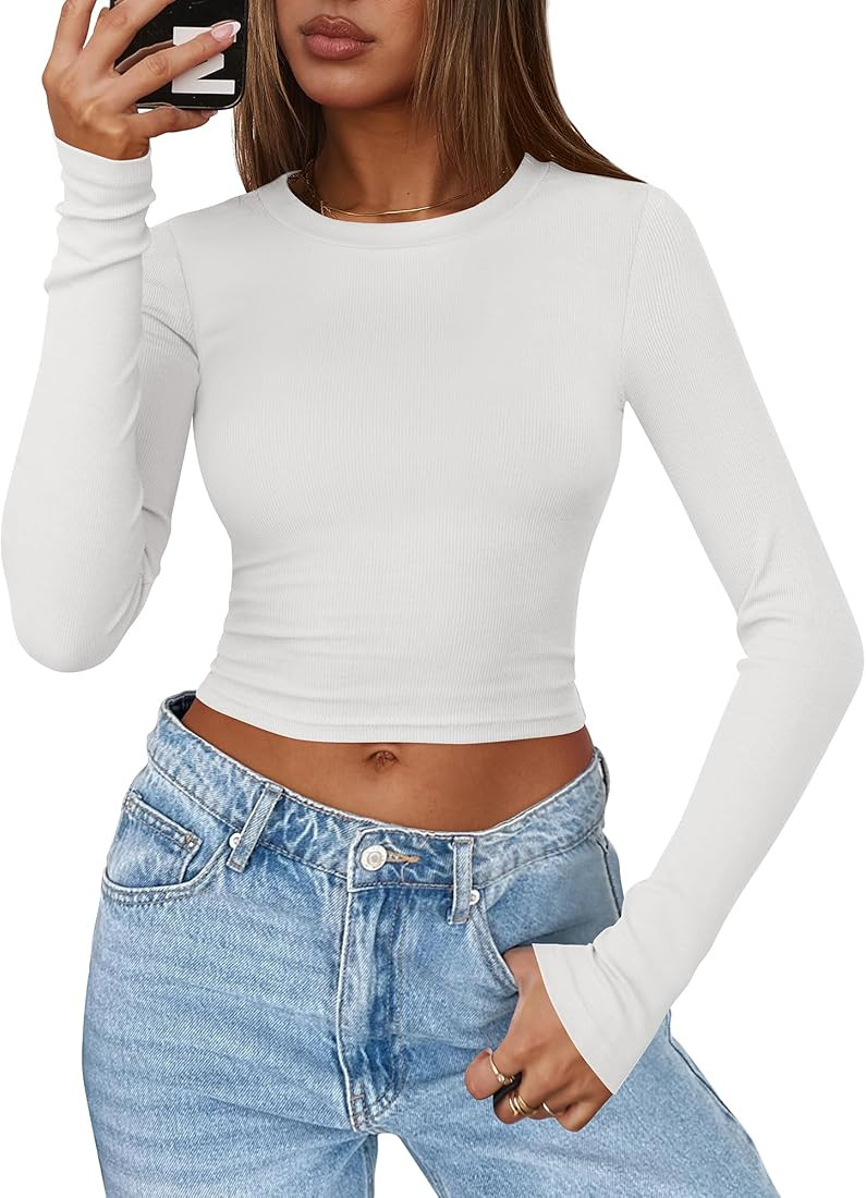 ANRABESS Womens Crewneck Long Sleeve Crop Tops Ribbed Knit Slim Fit Tee 2024 Basic Going Out Shir... | Amazon (US)