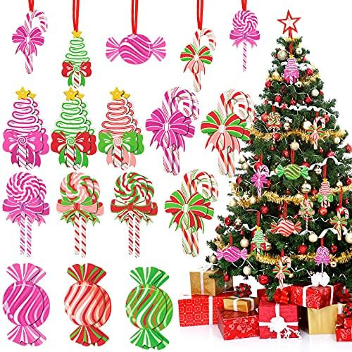 24 Pieces Christmas Tree Ornaments Set Candy Christmas Ornaments Peppermint Decor Colorful Wood C... | Amazon (US)