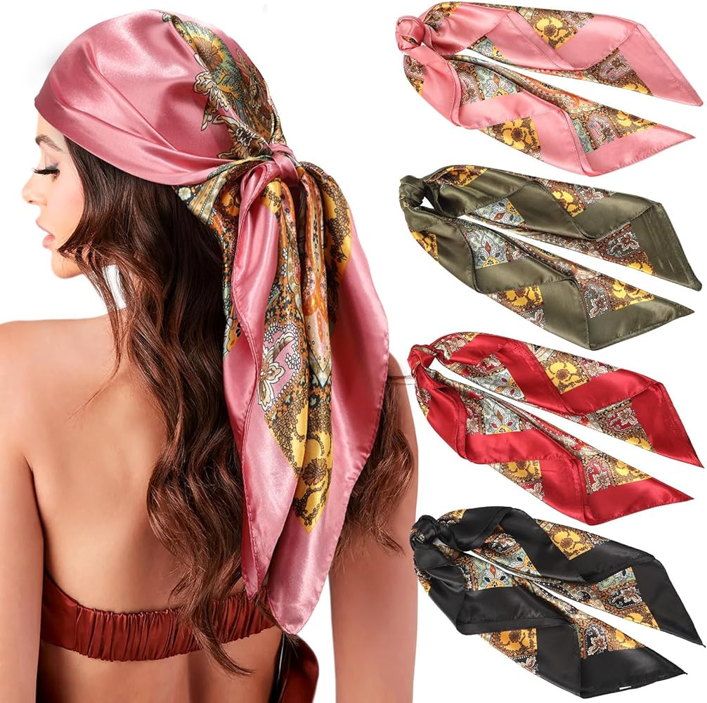 AWAYTR 35" Large Silk Hair Scarf for Women - 4Pcs Satin Head Scarf Square Hair Bandanas Floral Wi... | Amazon (US)