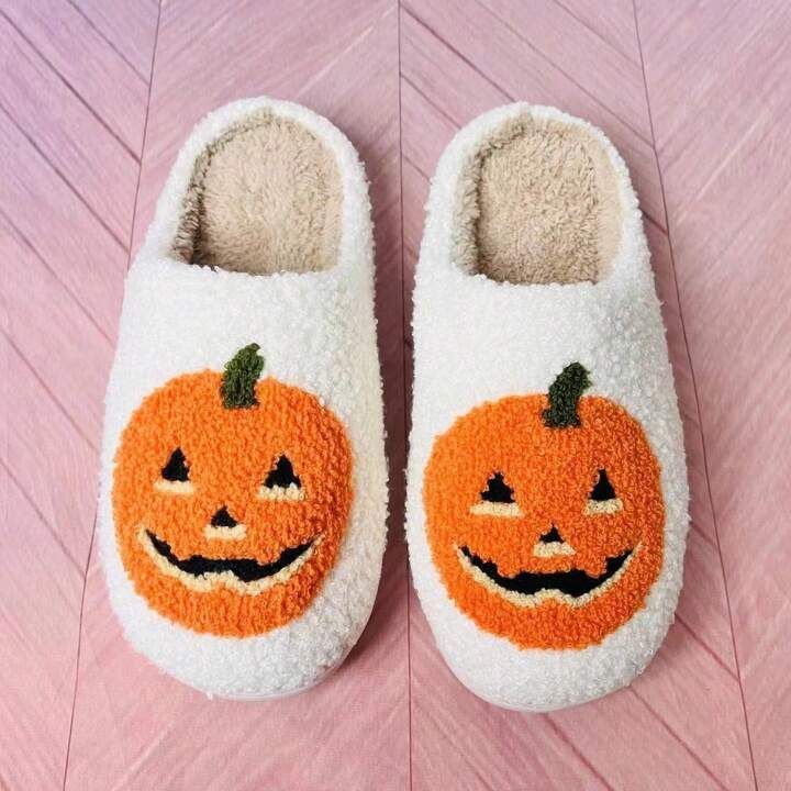 Halloween-themed Cartoon Pumpkin Design Plush Slippers Couple Style Soft Unisex Slippers, 1pair | SHEIN