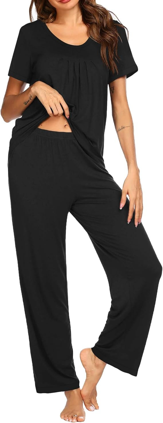Ekouaer Pajama Set for Women 2 Piece Sleepwear Short Sleeve Pleated Top and Long Pants Soft Pjs L... | Amazon (US)