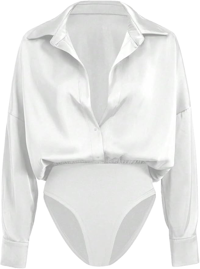 GORGLITTER Women's Deep V Neck Long Sleeve Shirts Bodysuit Satin Button Down Party Night Sexy Leo... | Amazon (US)