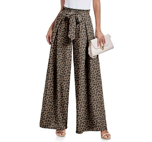 Womens Leopard High Waist Wide Leg Pants Elastic Waist Flowy Palazzo Lounge Pants Loose Trousers with Pocket | Amazon (US)