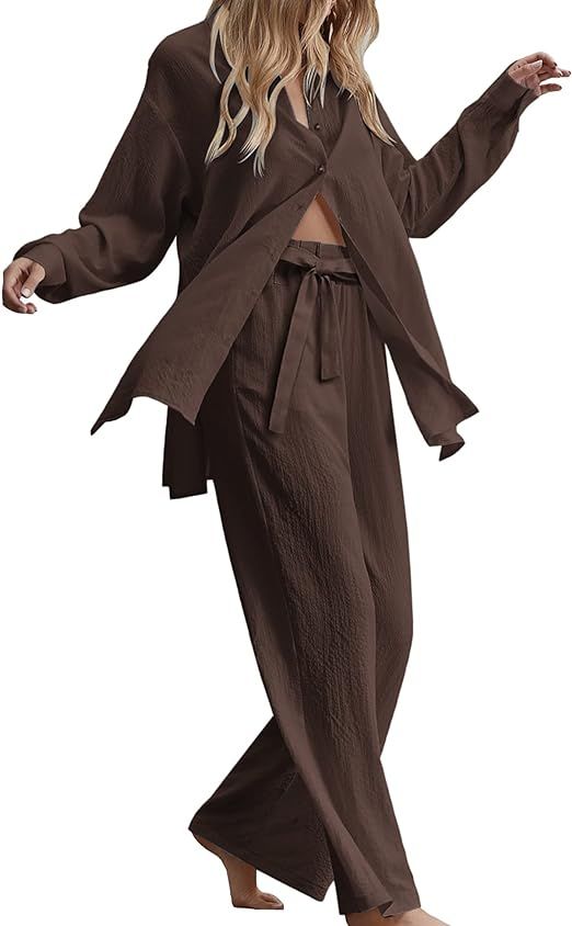 Amazon.com: Zeagoo Women 2 Piece Outfits Sets Linen Button Down Long Sleeve Shirts and Wide Leg P... | Amazon (US)