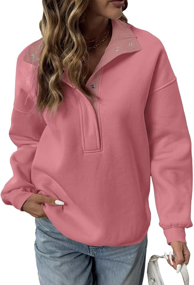 BLENCOT Mock Neck Sweatshirt for Women Quarter Button Long Sleeve Oversized Pullover Trendy Tops | Amazon (US)