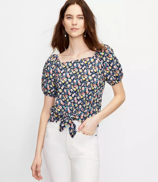 Floral Tie Front Square Neck Top | LOFT