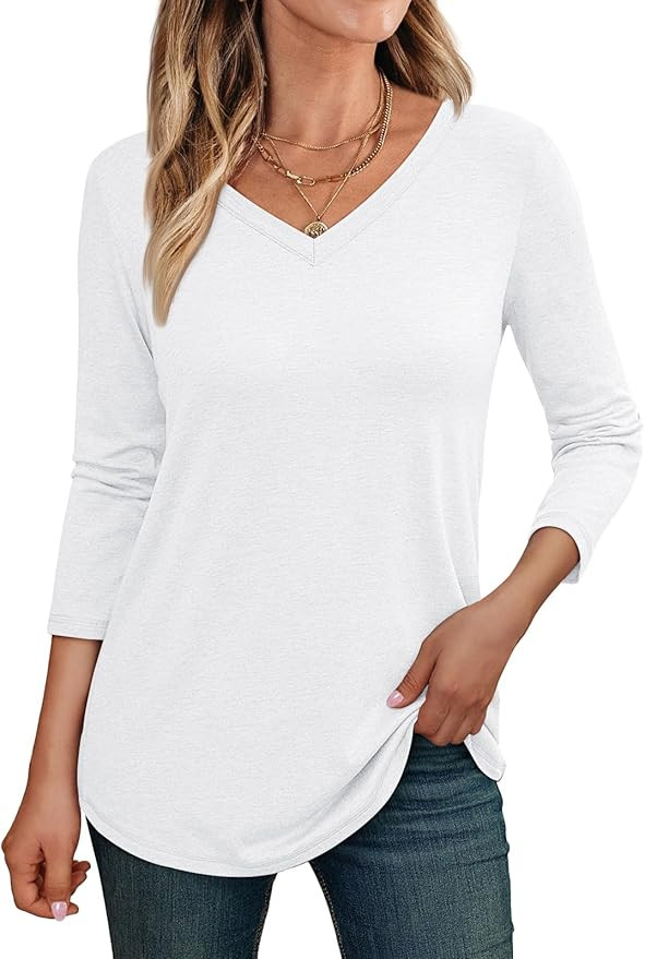 AUTOMET Womens 3/4 Length Sleeve Tops V Neck Shirts Casual Basic Trendy Tee Business Work Blouses... | Amazon (US)