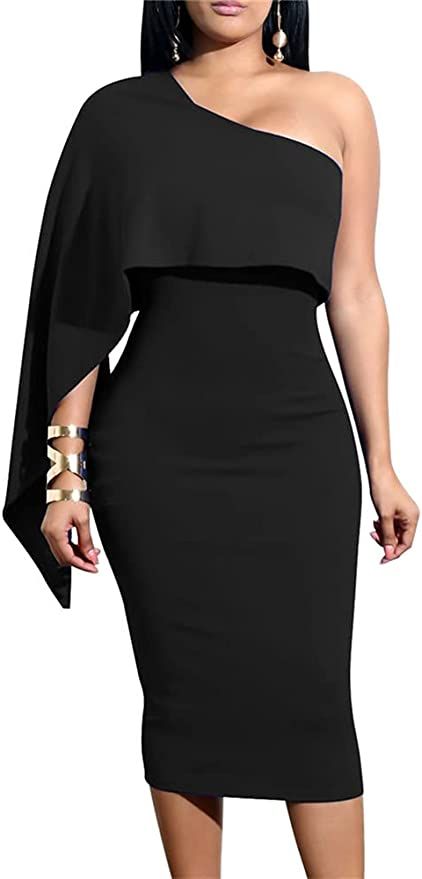 Amazon.com: GOBLES Women's Summer Sexy One Shoulder Ruffle Bodycon Midi Cocktail Dress Black : Cl... | Amazon (US)