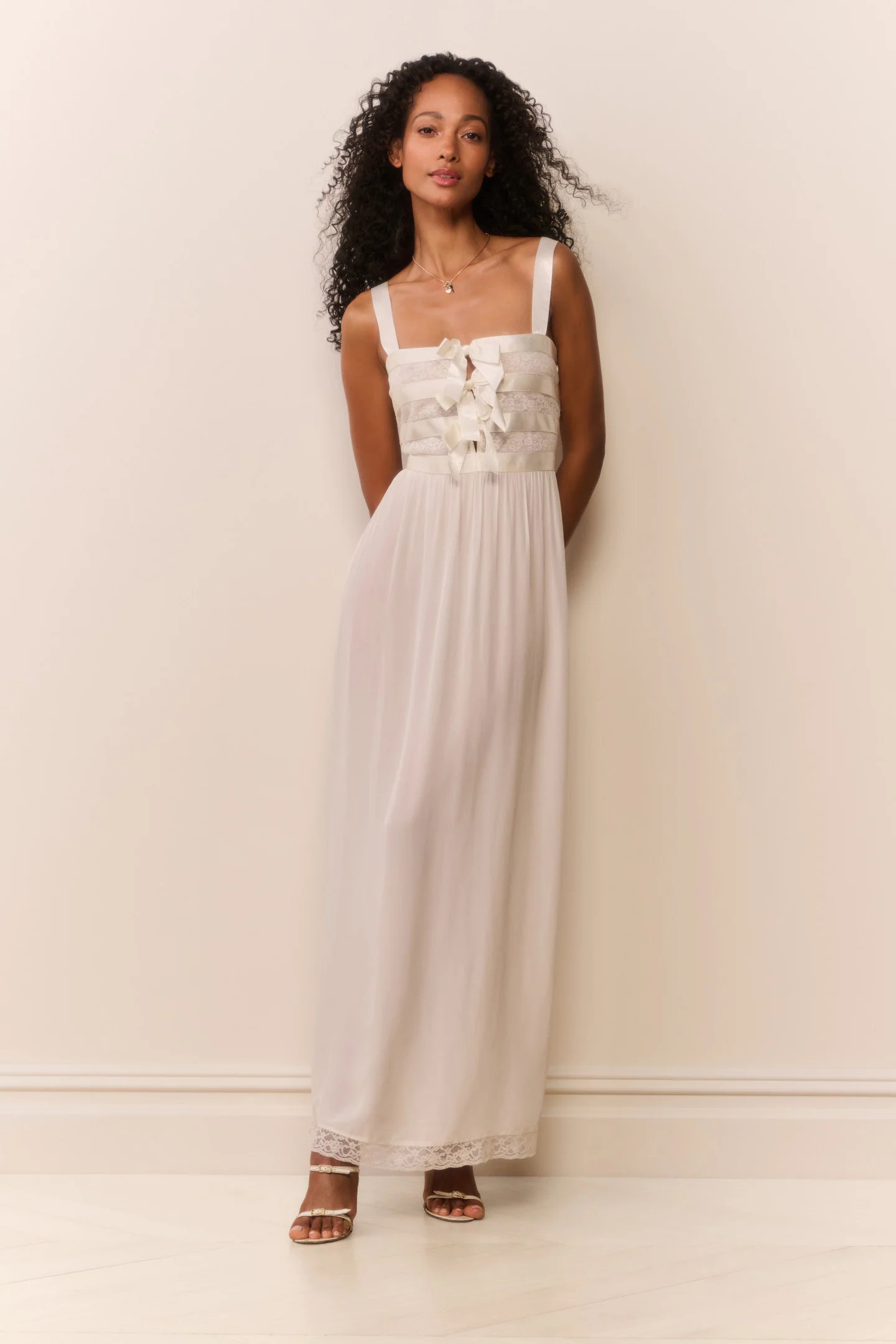 Lovelace Banded Bow Maxi Dress - CREAM / 0 | LoveShackFancy