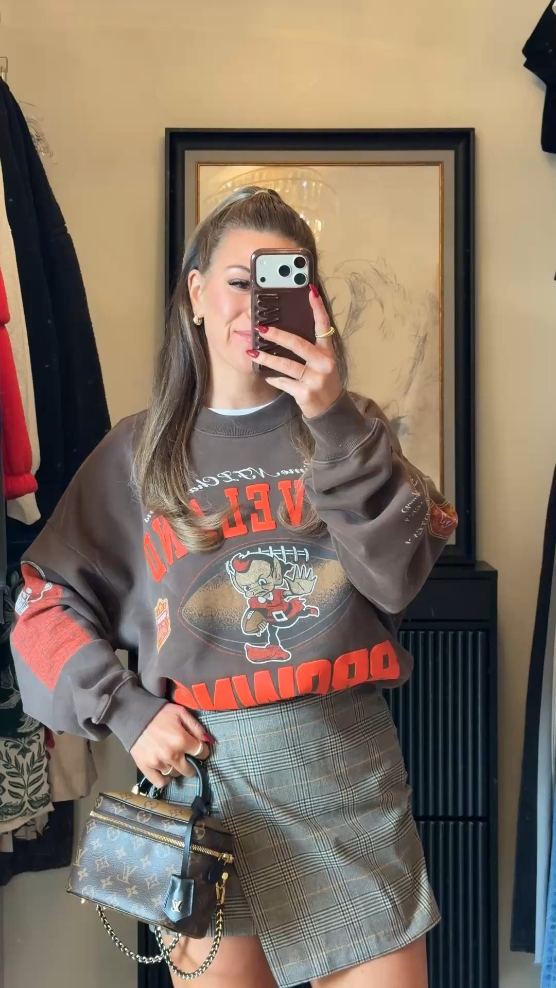 old navy mini wrap skirt for $28 with online discount styled with brown oversized football graphic crewneck sweatshirt and white western boots 🫶🏻

Sizing: i'm 5'4" and typically wear a small/2
xs petite skirt 
large sweatshirt 

vici: emerson40
Revolve code: tulip

Fall transitional, Fall event, Workwear, wrap skirt, Chunky sweater, Mesh top, oversized sweatshirt, faux fur jacket, black boots, suede boots, leather boots, brown boots