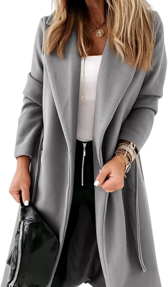 Womens Classic Coat Lapel Collar Open Front Belted Long Jacket | Amazon (US)